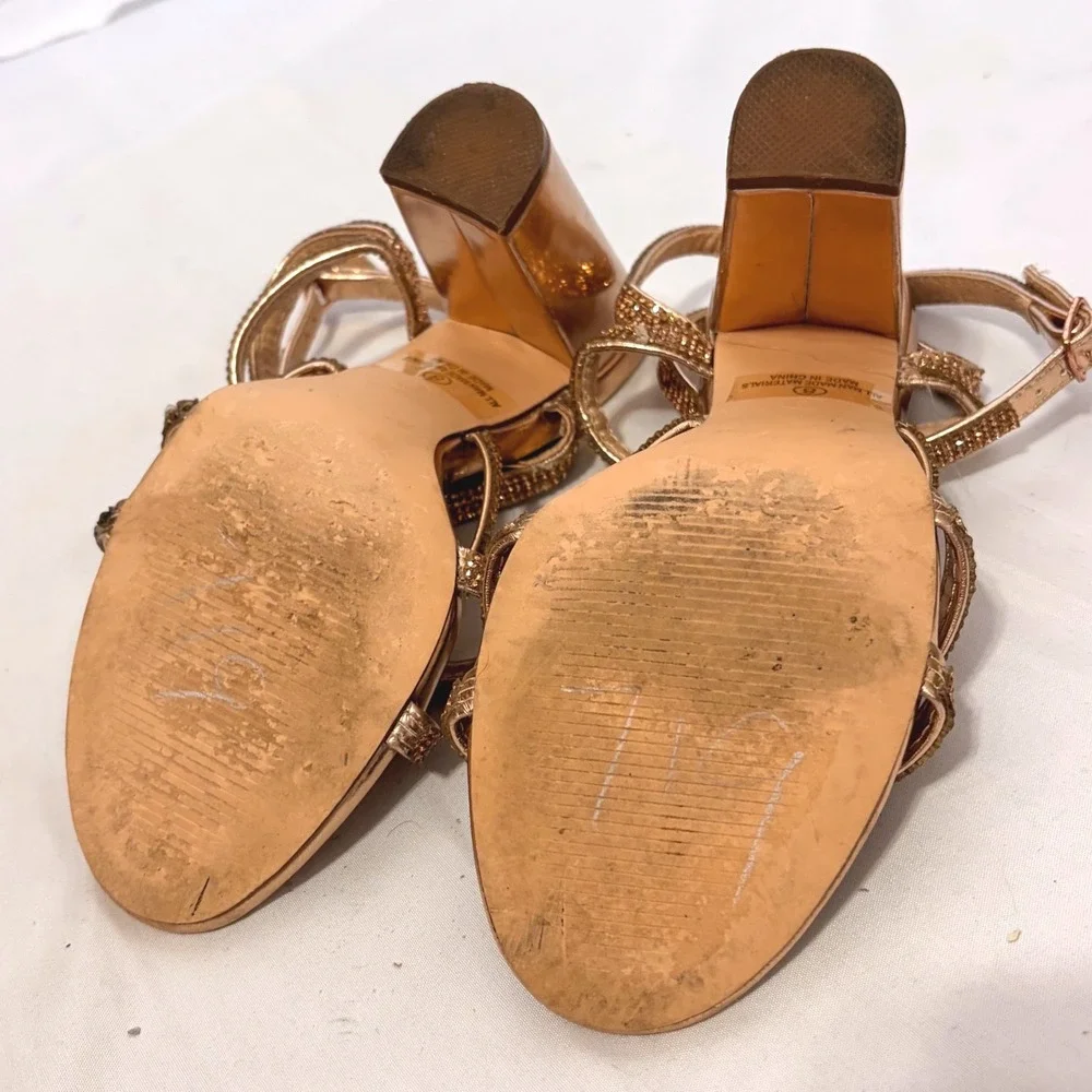 Windsor Rose Gold Rhinestone Block Heels with strappy wrapping detail on ankle
